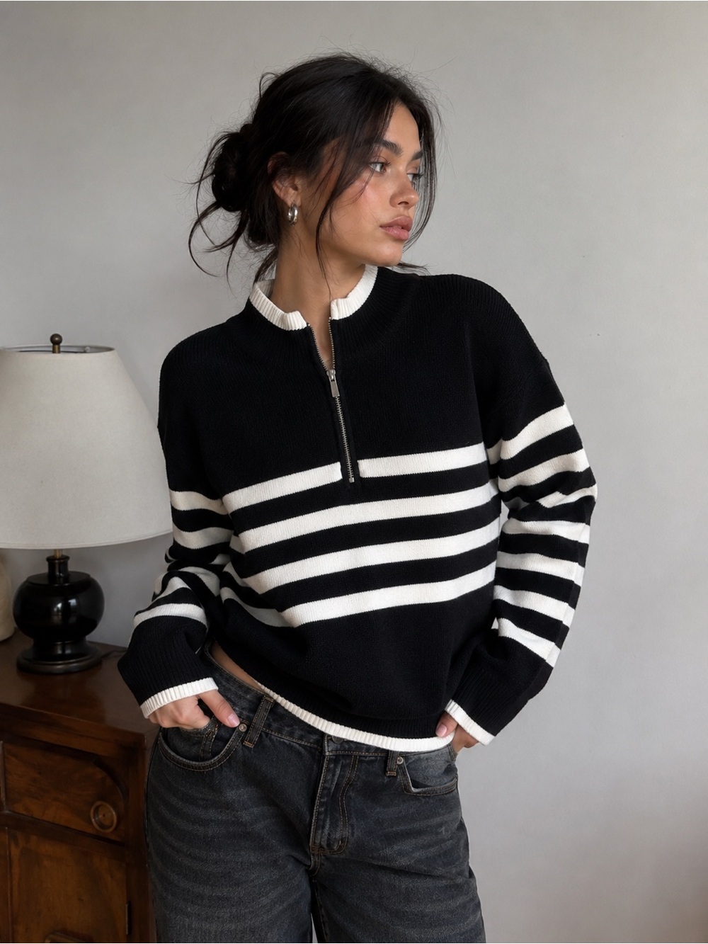 Striped Knit Sweater Black White Quarter Zip Minimalist Chic L